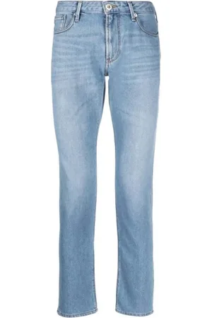 Emporio Armani Jeans, Herre, Blå, W32, Læder, Lyseblå denim jeans med læderlogo