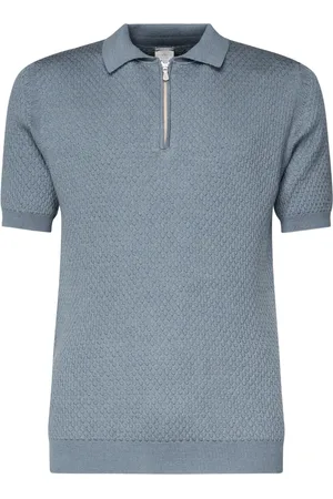 ELEVENTY Strik, Herre, Blå, L, Uld, V-hals strikket polo shirt