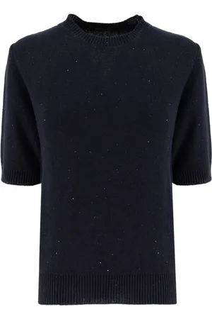 Fabiana Filippi Strik, Dame, Blå, XS, Bomuld, Klassisk sweater med rund hals og lysende detaljer