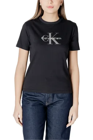 Calvin Klein Top, Dame, Sort, S, Bomuld, Sort Trykt Rund Hals T-shirt