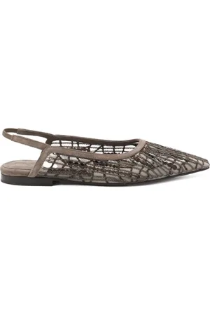 Brunello Cucinelli Sko, Dame, Brun, 37 EU, Glitrende abstrakte broderi slingback flade sko i ruskind