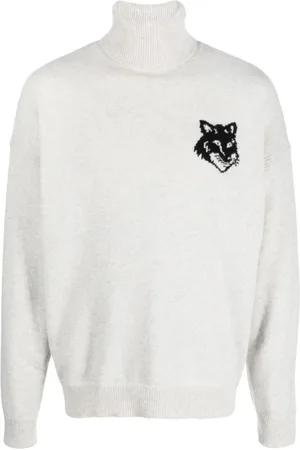 Maison Kitsuné Strik, Herre, Grå, M, Uld, Fox Head Intarsia Logo Turtleneck Sweater