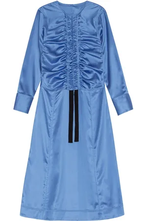 Ganni Kjole, Dame, Blå, XS, Satin, Ruched Satin Midi Kjole