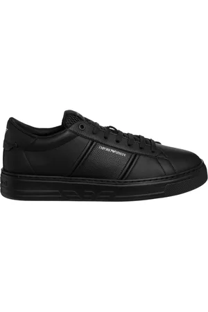 Emporio Armani Sko, Herre, Sort, 41 EU, Læder, Læder Sneakers med Logo Detalje