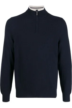 FEDELI Strik, Herre, Blå, 2XL, Cashmere, Cashmere Half-Zip Strik