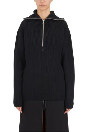 Courrèges Strik, Dame, Sort, S, Uld, Uld Ribstrikket Hættetrøje Sweater