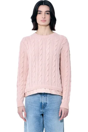 Moncler Strik, Dame, Lyserød, L, Uld, Kabelstrikket sweater med snøre i kanten