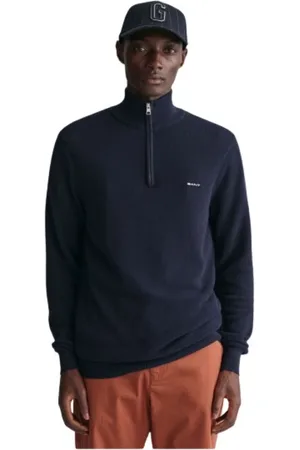 GANT Strik, Herre, Blå, M, Bomuld, Klassisk bomuldspiqué sweater med halv lynlås
