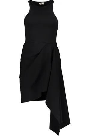 Céline Kjole, Dame, Sort, XS, Uld, Asymmetrisk Draperet Kjole med Rynket Talje