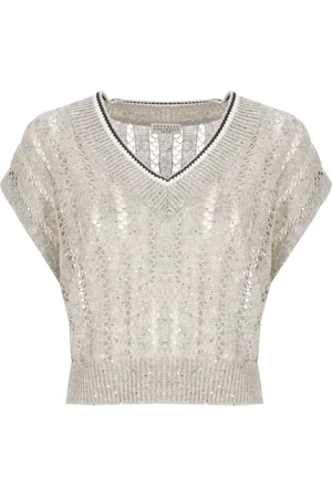 Brunello Cucinelli Strik, Dame, , M, Linen Dazzling Ribbed Net Knit T-shirt