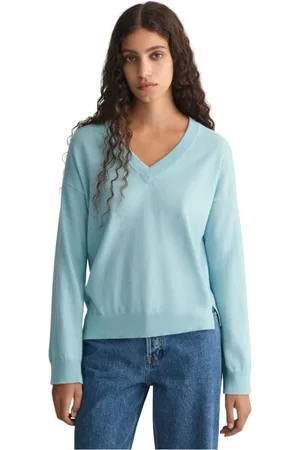 GANT Strik, Dame, Blå, XL, Uld, Klassisk uld V-hals sweater