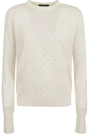 Fabiana Filippi Strik, Dame, Hvid, XS, Uld, Crew Neck Sweater med Strass