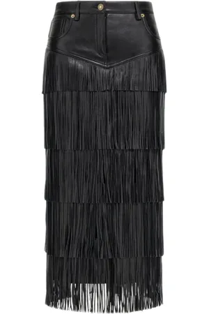 Roberto Cavalli Nederdel, Dame, Sort, XL, Læder, Tiered Fringe Midi Skirt