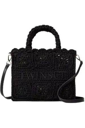 Twin-Set Taske, Dame, Sort, ONE SIZE, Bomuld, Boheme Hæklet Tote Taske med Aftagelig Strop
