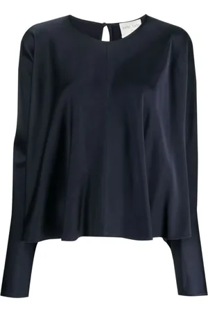 FORTE FORTE Bluser & Skjorter, Dame, Blå, L, Elegant Blå Silke Bluse med Rund Halsudskæring