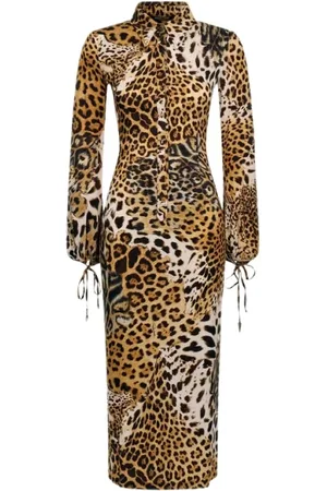 Roberto Cavalli Kjole, Dame, Flerfarvet, S, Leopard Print Midi Kjole