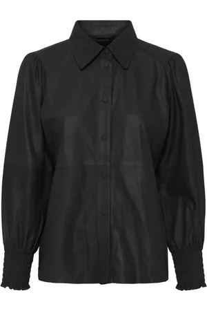Btfcph Bluser & Skjorter, Dame, Sort, 3XL, Læder, Læder Skjorte med Smock Detaljer