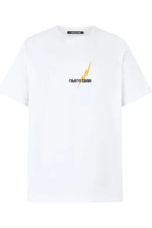 Roberto Cavalli Top, Herre, Hvid, L, Bomuld, T-shirt med lynbolttryk og logo