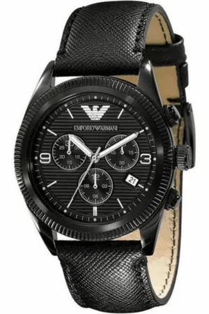Emporio Armani Tilbehør, Herre, Sort, ONE SIZE, Læder, Sort Læder Quartz Ur