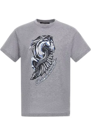 Roberto Cavalli Top, Herre, Grå, L, Bomuld, Heste Logo Print T-shirt med Rund Hals