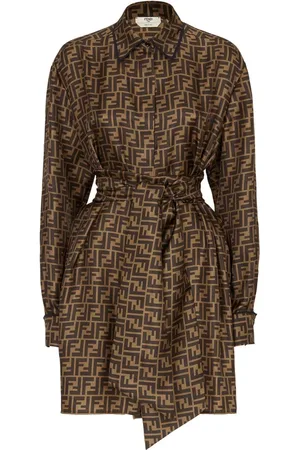 Fendi Kjole, Dame, Brun, XS, Signature FF-Pattern Print Kjole