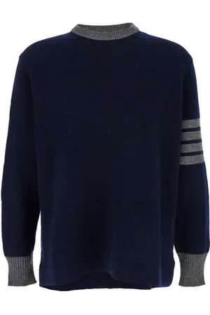 Thom Browne Strik, Herre, Blå, XL, Uld, Blågrå Strik Pullover med 4 Bar Detalje