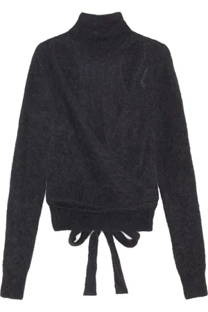 Ganni Strik, Dame, Sort, S, Uld, Alpaca-Blend Wrap-Over Bluse