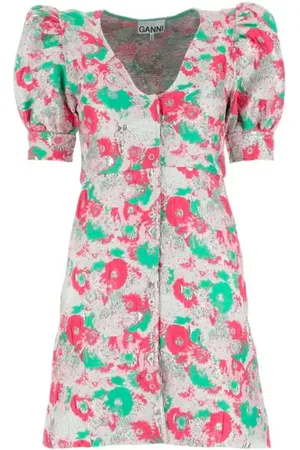 Ganni Kjole, Dame, Lyserød, XS, Polyester, Sugar Plum 3D Jacquard Mini Kjole med Knapper
