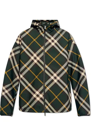 Burberry Jakke, Herre, Grøn, L, Polyester, Check-mønstret jakke med hætte og lynlås