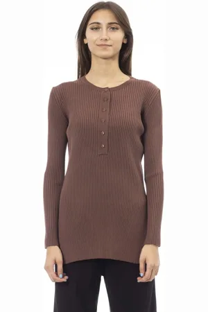 ALPHA STUDIO Strik, Dame, Brun, S, Uld, Rundhalset sweater med sideslidser