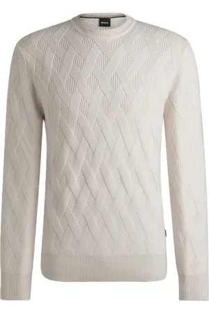 HUGO BOSS Strik, Herre, Hvid, XL, Strikket sweater med fletmønster og rund hals