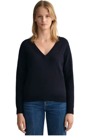GANT Strik, Dame, Blå, L, Uld, Ekstra Fin V-Hals Uld Sweater