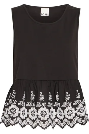 Ichi Top, Dame, Sort, L, Bomuld, Sort Peplum Top med Broderede Detaljer