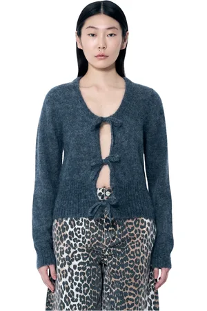 Ganni Strik, Dame, Grå, XS, Uld, Mohair Cardigan med Bindebånd