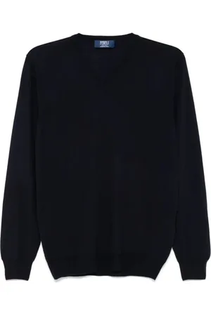 FEDELI Strik, Herre, Blå, S, Uld, Blå Uld Crew Neck Sweater