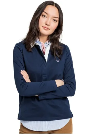 GANT Sweathshirts & Hoodies, Dame, Blå, 2XL, Bomuld, Bomulds Polo Sweatshirt med Knaplukning