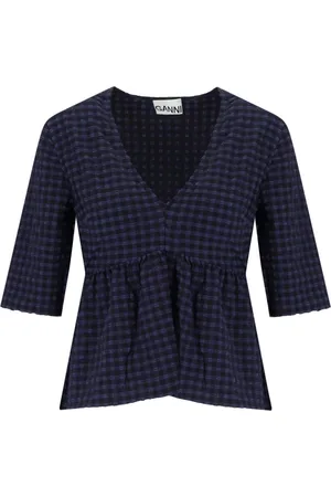 Ganni Bluser & Skjorter, Dame, Blå, S, Polyester, Checkered Seersucker V-Neck Peplum Bluse