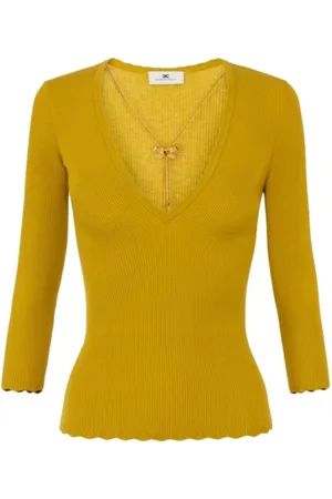 Elisabetta Franchi Strik, Dame, Gul, M, Polyester, Ribstrikket viskose sweater med halskædedetalje