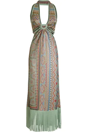 Etro Kjole, Dame, Grøn, S, Uld, Grøn Paisley-Print Halterneck Kjole med Frynser