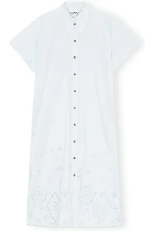 Ganni Kjole, Dame, Blå, M, Bomuld, Broderie Anglaise Midi Kjole