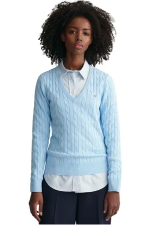 GANT Strik, Dame, Blå, XL, Bomuld, Twisted Cotton V-Neck Sweater