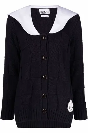 Ganni Strik, Dame, Blå, S, Bomuld, Contrast-Collar Cardigan