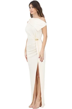 Elisabetta Franchi Kjole, Dame, Gul, 2XS, Elegant Lang Kjole med Asymmetrisk Halsudskæring