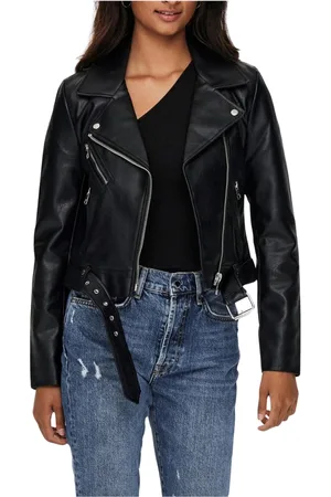 ONLY Jakke, Dame, Sort, S, Læder, Sort Faux Læder Biker Jakke