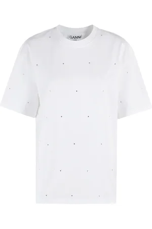 Ganni Top, Dame, Hvid, S, Bomuld, Rhinestone Drop Shoulder Bomulds Top