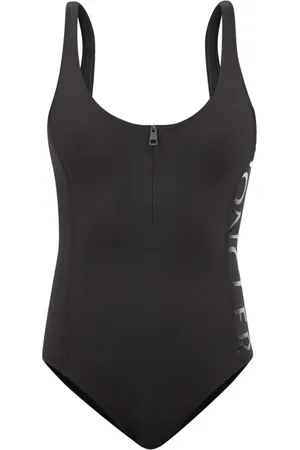 Moncler Badetøj, Dame, Sort, XS, Uld, Logo Print Badedragt med Lynhals