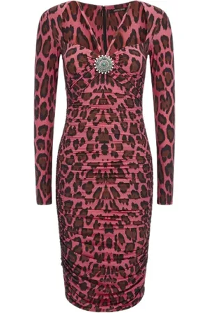 Roberto Cavalli Kjole, Dame, Lyserød, M, Leopard Print Midi Kjole Fuchsia Kvindelig