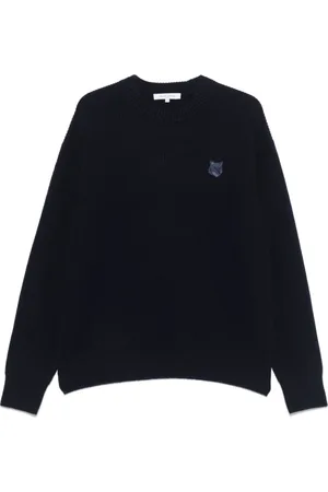 Maison Kitsuné Strik, Herre, Blå, XL, Uld, Bold Fox Head Patch Comfort Ribstrikket Jumper