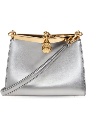 Etro Taske, Dame, Grå, ONE SIZE, Uld, Metallic Finish Skuldertaske med Logo Charm