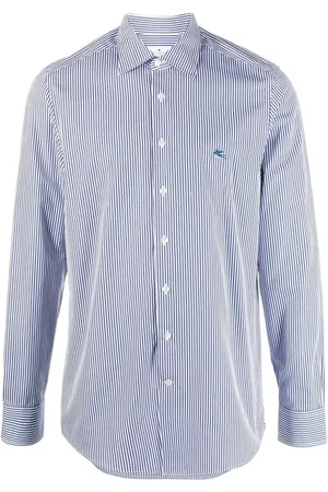Etro Skjorte, Herre, Blå, XL, Uld, Vertical Stribet Skjorte med Broderet Logo